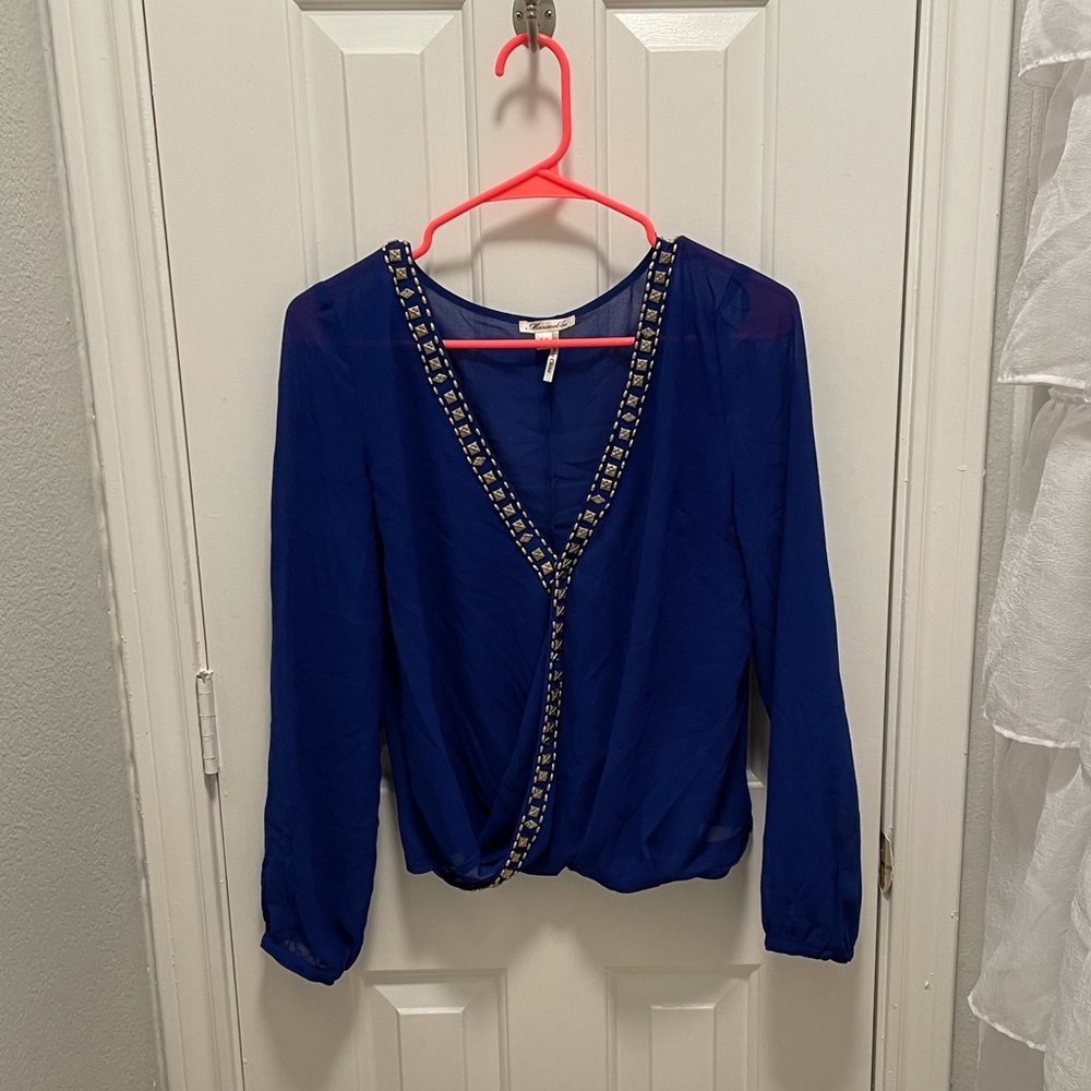 Royal blue long sleeved v neck beaded blouse